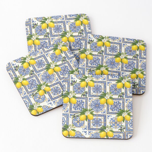 Item preview, Mediterranean Lemon Tile Pattern | Italian Amalfi Coast Citrus Seamless Blue Ceramic Floral Design designed and sold by Shivi-designs.