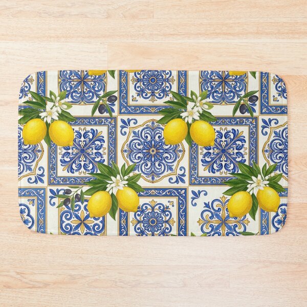 Item preview, Mediterranean Lemon Tile Pattern | Italian Amalfi Coast Citrus Seamless Blue Ceramic Floral Design designed and sold by Shivi-designs.