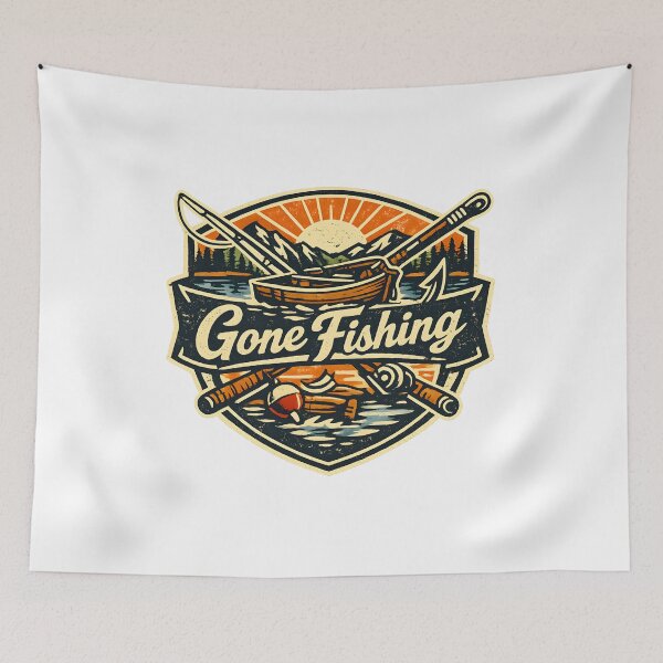 Item preview, Gone Fishing Vintage Badge Retro Outdoor Lake Sunrise Boat Fishing  designed and sold by Artycom.