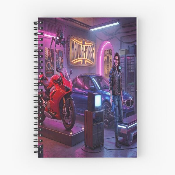 Aperçu de l'œuvre Garage Cyberpunk Mavila Forge Cyber-Girl et voitures de sport créée et vendue par JMAVILA ART.