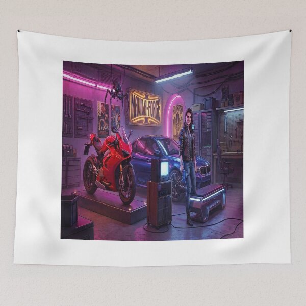 Item preview, Mavila Forge Cyberpunk Garage Chica cibernética y coches deportivos designed and sold by JMAVILA ART.