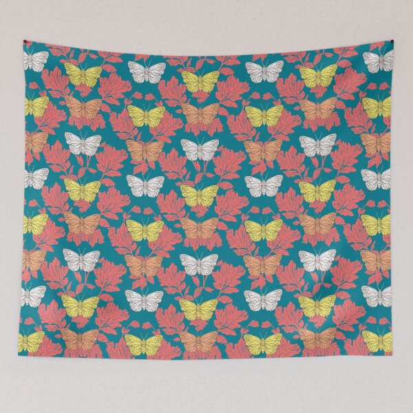 Item preview, Retro Butterfly Botanical Pattern Teal Coral designed and sold by Little Wimbly.