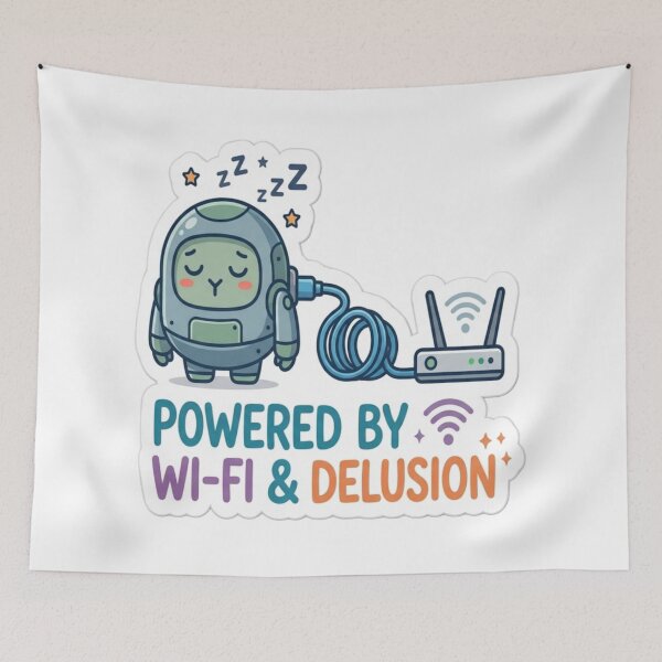 Item preview, Powered by Wi-Fi & Delusion Funny Tech Sticker | Cute Sleeping Robot Meme | Geek Humor Vinyl Sticker  designed and sold by AdityaShop18.