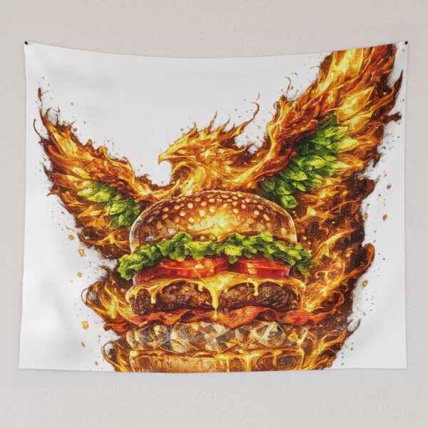 Item preview, Fiery Angel Wings Burger: Phoenix Fire Cheeseburger Dramatic Wings Art designed and sold by irfanshikh.