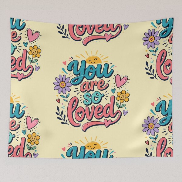 Item preview, You Are So Loved – Retro Sunshine & Flowers | Colorful Inspirational Typography designed and sold by Stubblejumper Artworks.