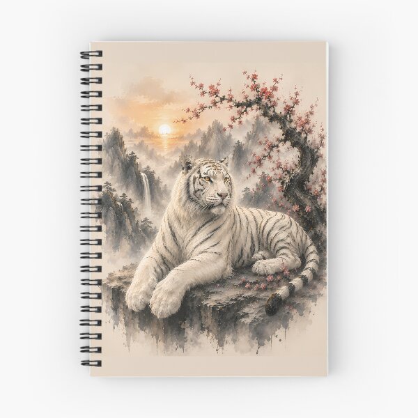 Item preview, White Tiger under Plum Blossoms | Oriental Watercolor Landscape Wildlife Art designed and sold by ManJiangHong.