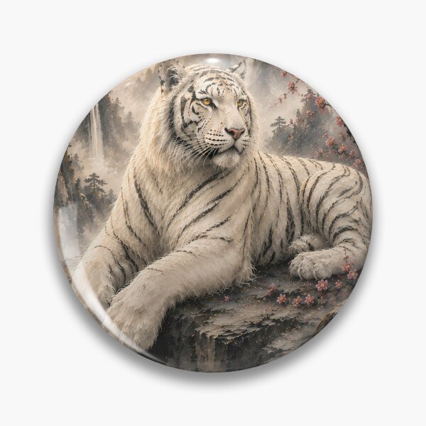 Item preview, White Tiger under Plum Blossoms | Oriental Watercolor Landscape Wildlife Art designed and sold by ManJiangHong.