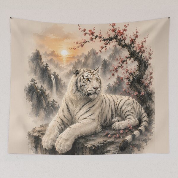 Item preview, White Tiger under Plum Blossoms | Oriental Watercolor Landscape Wildlife Art designed and sold by ManJiangHong.