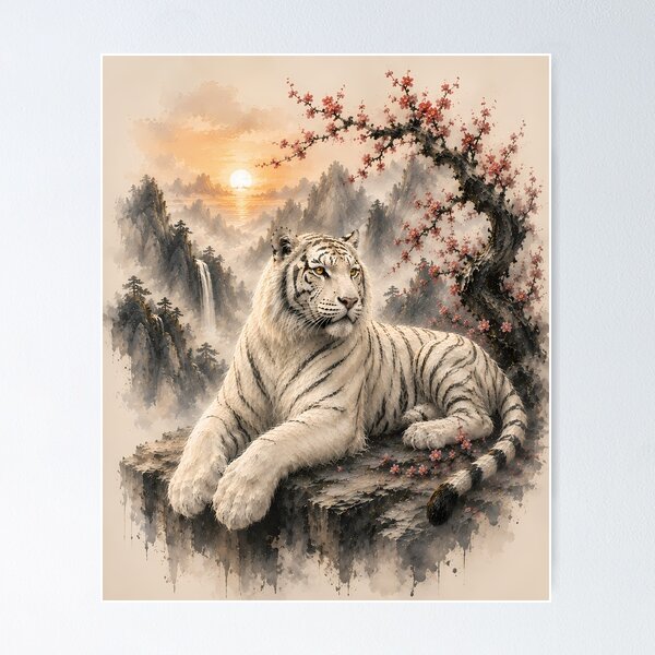 Item preview, White Tiger under Plum Blossoms | Oriental Watercolor Landscape Wildlife Art designed and sold by ManJiangHong.