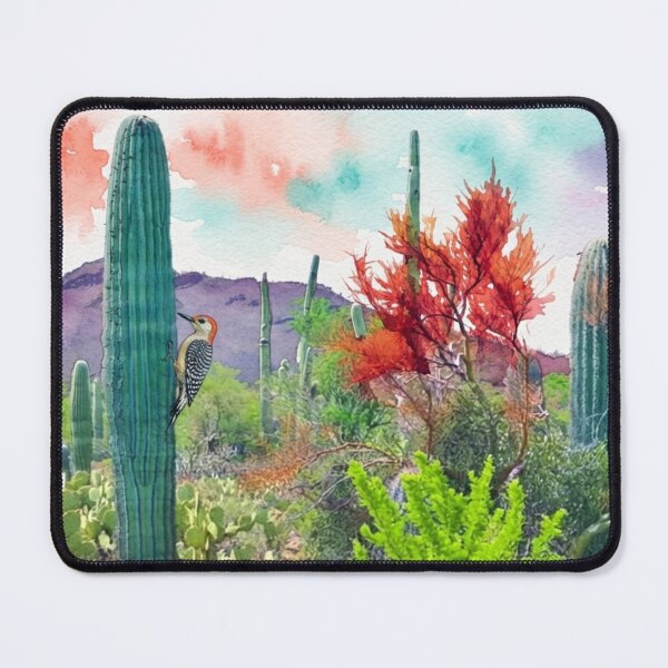 Item preview, Vibrant Desert Watercolor Landscape with Woodpecker and Saguaro Cactus designed and sold by BLUESKY11a.