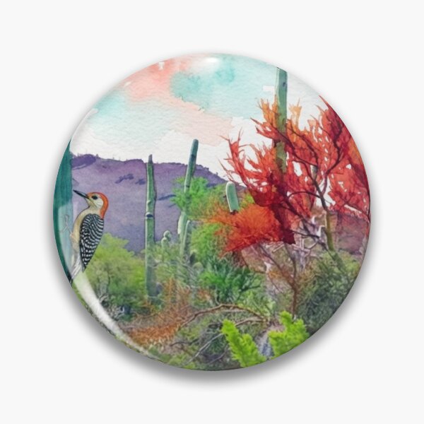 Item preview, Vibrant Desert Watercolor Landscape with Woodpecker and Saguaro Cactus designed and sold by BLUESKY11a.