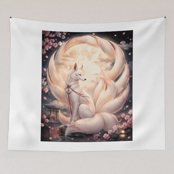 Item preview, White Nine-Tailed Kitsune Under the Full Moon | Japanese Fox Spirit Art designed and sold by kaxymax.