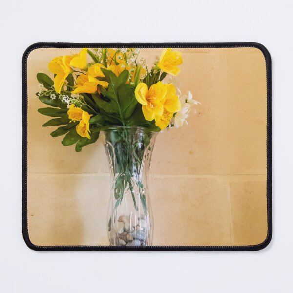 Item preview, Yellow Flower Bouquet in Glass Vase on Mantel Shelf — Bright Home Decor Still Life Arrangement designed and sold by Nmallia.