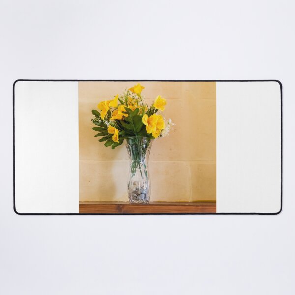 Item preview, Yellow Flower Bouquet in Glass Vase on Mantel Shelf — Bright Home Decor Still Life Arrangement designed and sold by Nmallia.
