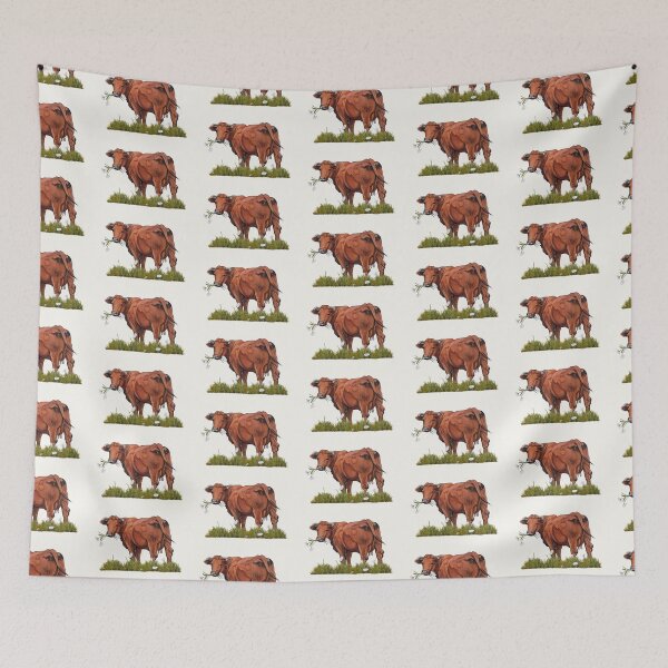 Item preview, Red Beef Cow Eating Daisies, Freehand Digital Illustration, Farm Animal designed and sold by JoyfulWhimsy.