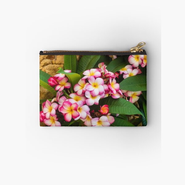 Item preview, Pink And White Plumeria (Frangipani) Blooms With Yellow Centers Against Tropical Green Leaves designed and sold by Nmallia.