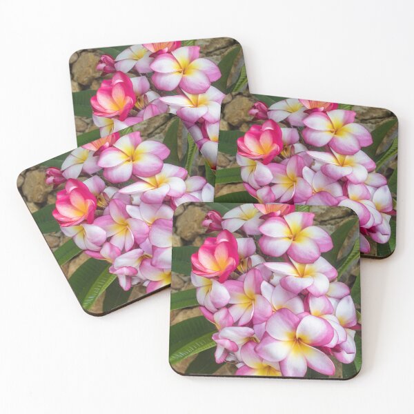 Item preview, Pink And White Plumeria (Frangipani) Blooms With Yellow Centers Against Tropical Green Leaves designed and sold by Nmallia.