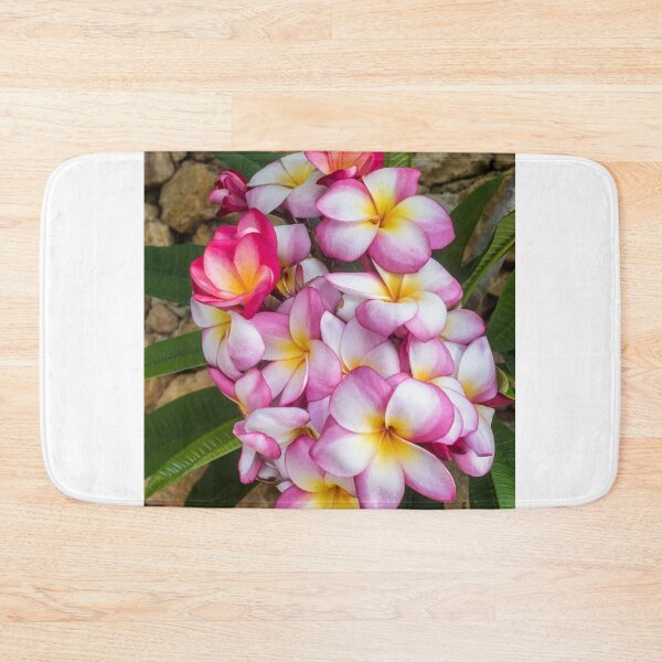 Item preview, Pink And White Plumeria (Frangipani) Blooms With Yellow Centers Against Tropical Green Leaves designed and sold by Nmallia.