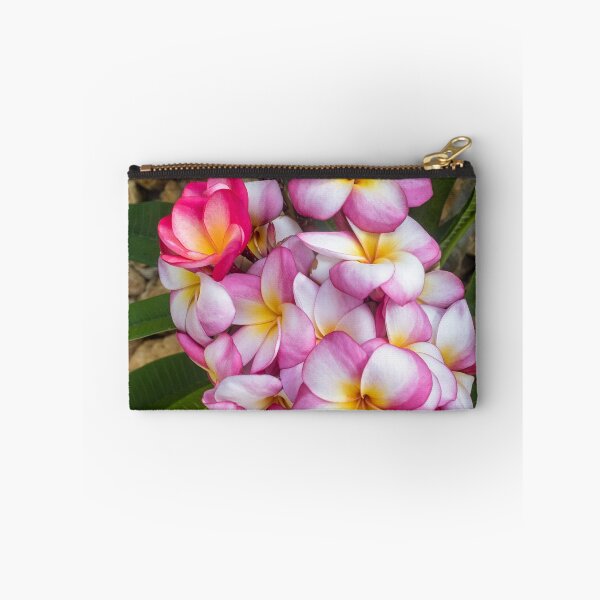 Item preview, Pink And White Plumeria (Frangipani) Blooms With Yellow Centers Against Tropical Green Leaves designed and sold by Nmallia.