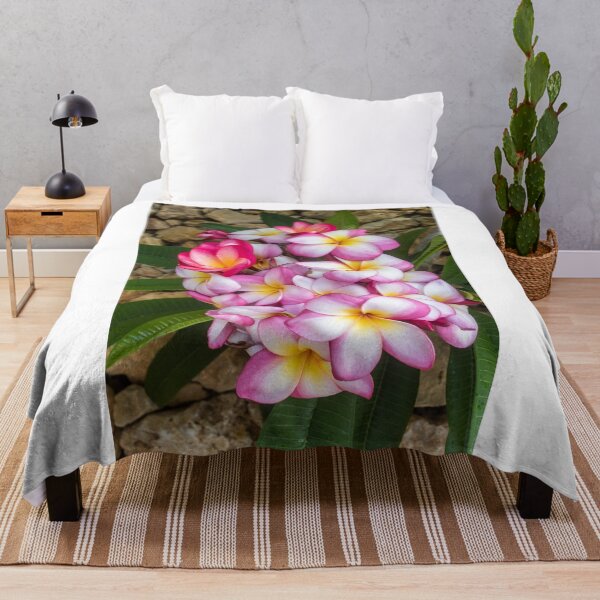 Item preview, Pink And White Plumeria (Frangipani) Blooms With Yellow Centers Against Tropical Green Leaves designed and sold by Nmallia.