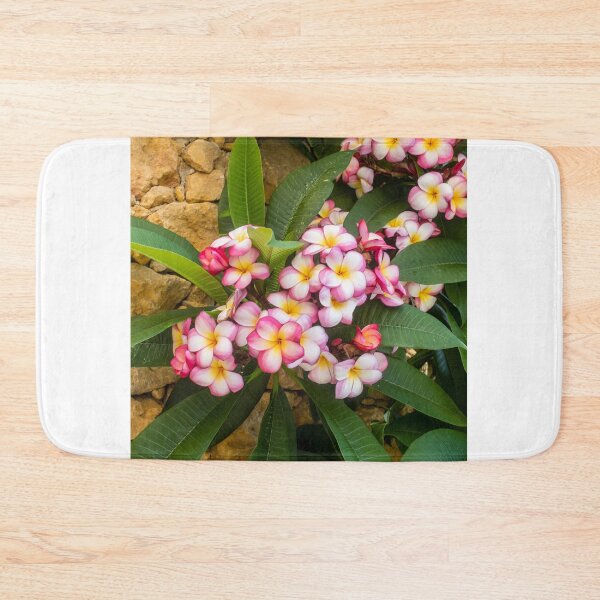 Item preview, Pink And White Plumeria (Frangipani) Blooms With Yellow Centers Against Tropical Green Leaves designed and sold by Nmallia.