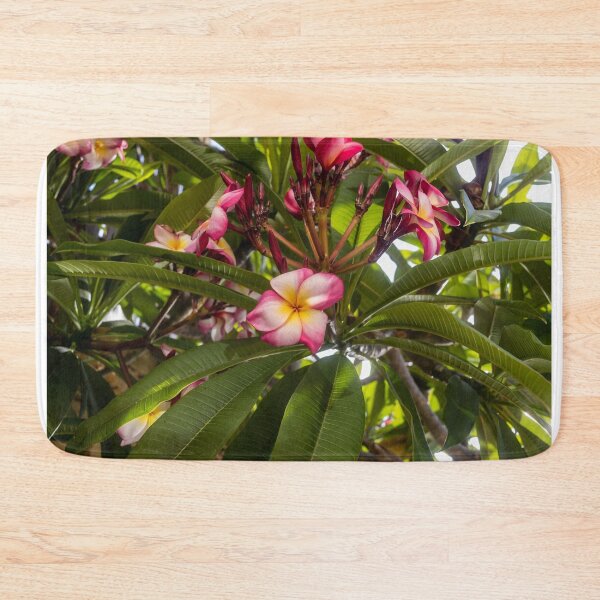 Item preview, Pink And White Plumeria (Frangipani) Blooms With Yellow Centers Against Tropical Green Leaves designed and sold by Nmallia.