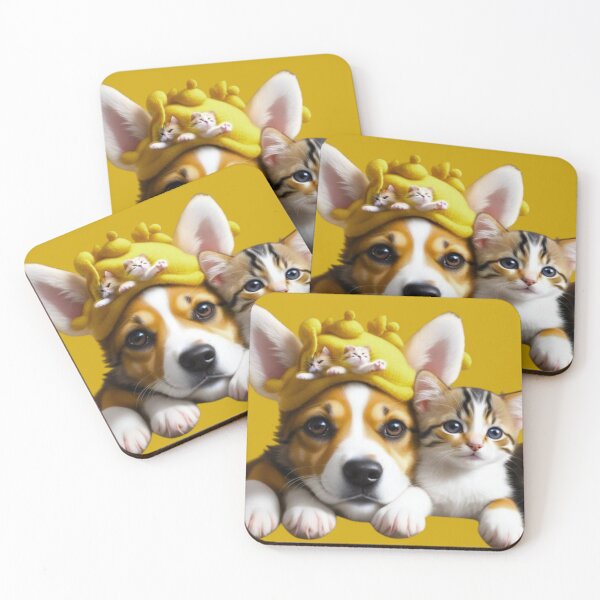 Item preview, Cute Corgi Puppy and Calico Kitten Friends with Tiny Hat Kittens designed and sold by EHdesignShop.
