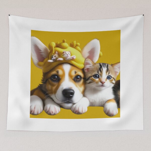 Item preview, Cute Corgi Puppy and Calico Kitten Friends with Tiny Hat Kittens designed and sold by EHdesignShop.
