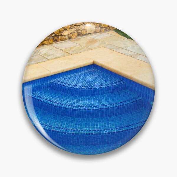 Item preview, Blue Mosaic Pool Steps Against Rustic Stone Wall With Patio and Lawn, Outdoor Relaxation designed and sold by Nmallia.