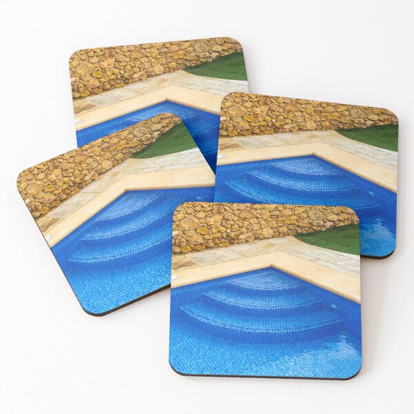 Item preview, Blue Mosaic Pool Steps Against Rustic Stone Wall With Patio and Lawn, Outdoor Relaxation designed and sold by Nmallia.