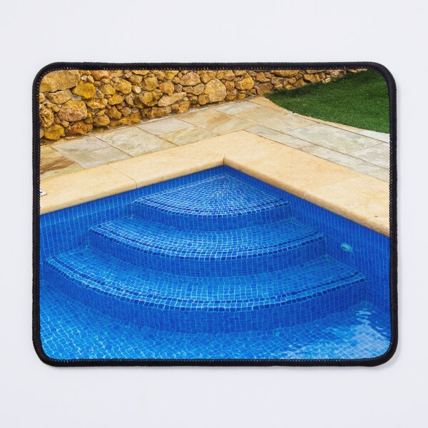 Item preview, Blue Mosaic Pool Steps Against Rustic Stone Wall With Patio and Lawn, Outdoor Relaxation designed and sold by Nmallia.