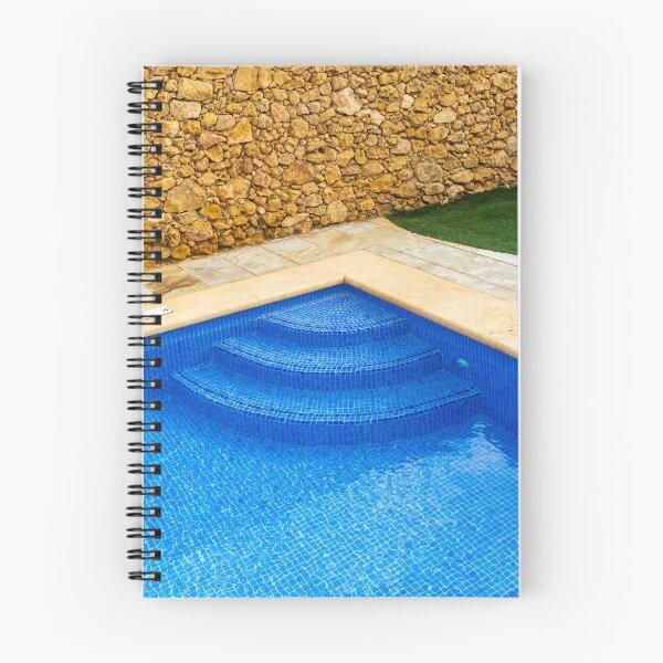 Item preview, Blue Mosaic Pool Steps Against Rustic Stone Wall With Patio and Lawn, Outdoor Relaxation designed and sold by Nmallia.