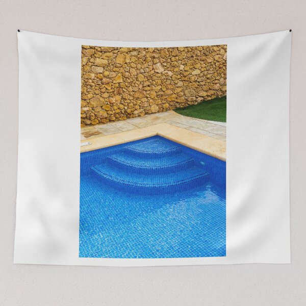 Item preview, Blue Mosaic Pool Steps Against Rustic Stone Wall With Patio and Lawn, Outdoor Relaxation designed and sold by Nmallia.