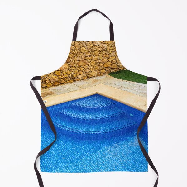 Item preview, Escaleras de piscina con mosaicos azules contra un muro de piedra rústica con patio y césped, ideal para relajarse al aire libre. designed and sold by Nmallia.