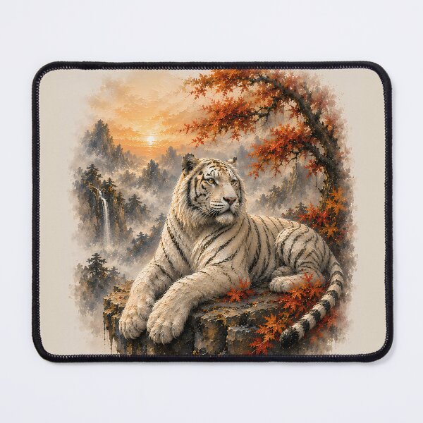Item preview, White Tiger in Autumn Mountains Watercolor | Japanese Ink Wash Wildlife Art designed and sold by ManJiangHong.