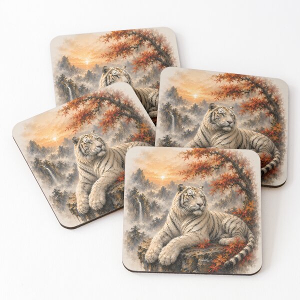 Item preview, White Tiger in Autumn Mountains Watercolor | Japanese Ink Wash Wildlife Art designed and sold by ManJiangHong.
