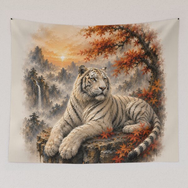 Item preview, White Tiger in Autumn Mountains Watercolor | Japanese Ink Wash Wildlife Art designed and sold by ManJiangHong.