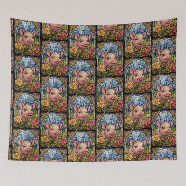 Item preview, Cute Piglet & Roses Stained Glass Window Art designed and sold by pinkal.
