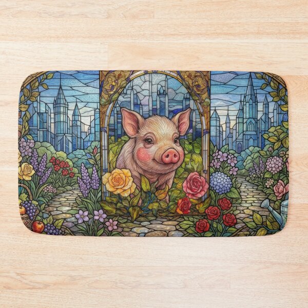 Item preview, Cute Piglet & Roses Stained Glass Window Art designed and sold by pinkal.