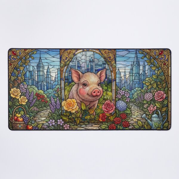 Item preview, Cute Piglet & Roses Stained Glass Window Art designed and sold by pinkal.