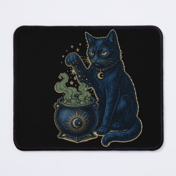 Item preview, Black Cat Brewing Potion in Cauldron with Stars Victorian Occult Style Witchy Illustration designed and sold by OnPointOutfits.