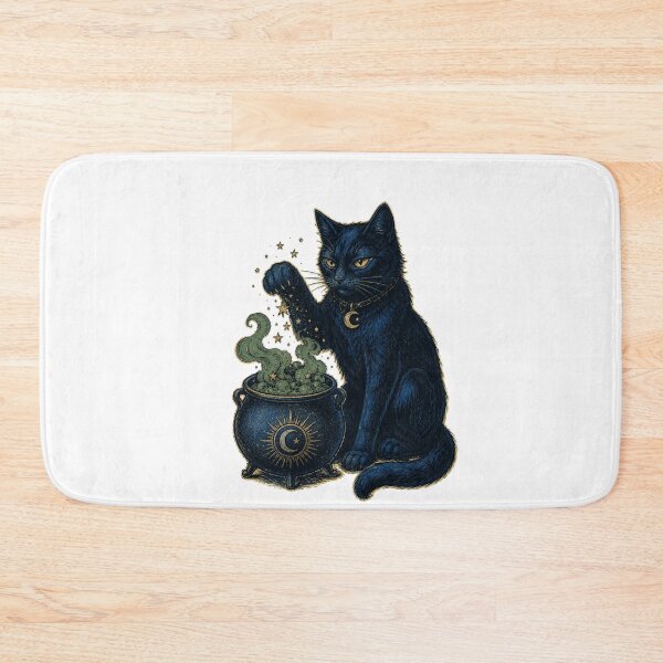 Item preview, Black Cat Brewing Potion in Cauldron with Stars Victorian Occult Style Witchy Illustration designed and sold by OnPointOutfits.