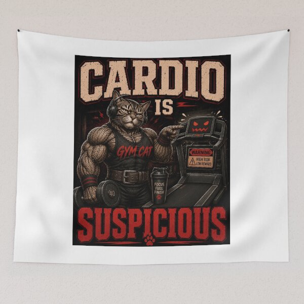 Item preview, Cardio is Suspicious Funny Gym Cat Lifting Vintage Fitness Gift designed and sold by Digistore1221.