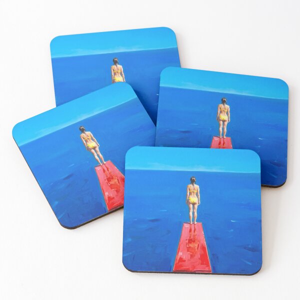 Item preview, Woman on Red Dock – Modern Mediterranean Coastal Wall Art. By Carraann designed and sold by CARRAANN.
