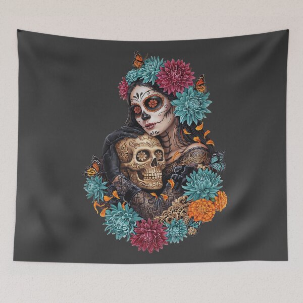 Item preview, Día de los Muertos Autumn Floral Skull Embrace designed and sold by MythicCotton.