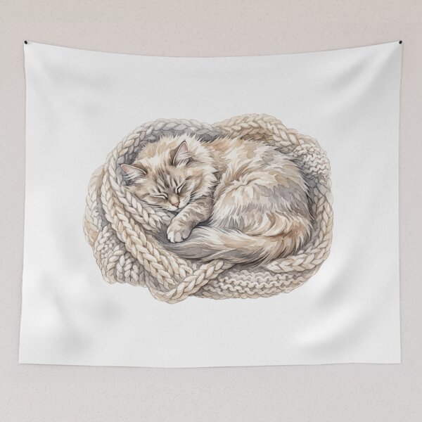 Item preview, Monochromatic Watercolor Long-Haired Cat Nestled in Chunky Knit designed and sold by 0Zetgest.
