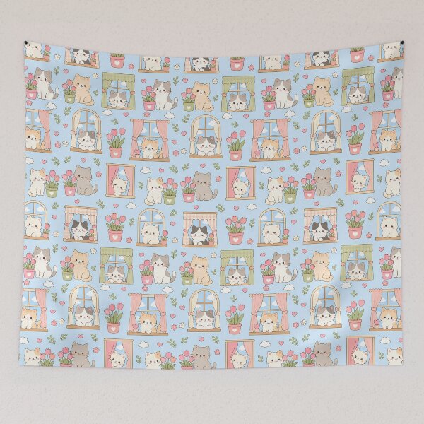 Item preview, Cozy Cat Tulip Window Kawaii Pattern designed and sold by Soft Berry Studio.