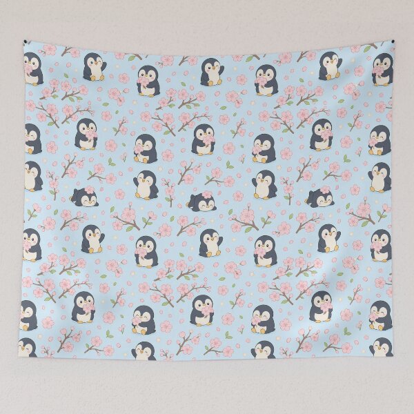 Item preview, Penguin Cherry Blossom Garden Kawaii Pattern designed and sold by Soft Berry Studio.