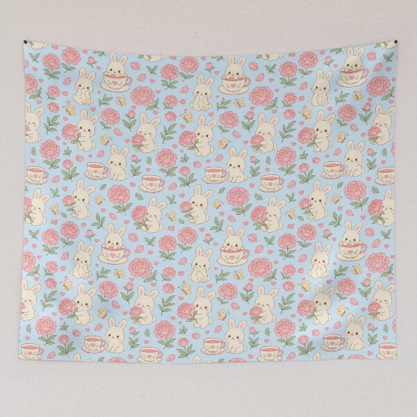 Item preview, Bunny Pink Tea Garden Kawaii Pattern designed and sold by Soft Berry Studio.
