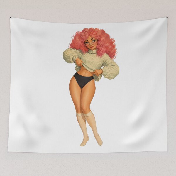 Item preview, Pink Curly Girl Pin-Up | Original Cozy Retro Illustration designed and sold by Cosplayvintage.